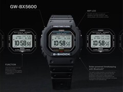 Het Casio G-Shock GW-BX5600-horloge wordt getoond met bijschriften die de nadruk leggen op het MIP-LCD-scherm, de twee lettertypestijlen, de Tough Solar-voeding, de Bluetooth-connectiviteit en de Multiband 6-radiogestuurde tijdweergave.