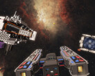 Cubic Odyssey screenshot met ruimtekruiser tegen een gaswolk