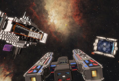 Cubic Odyssey screenshot met ruimtekruiser tegen een gaswolk