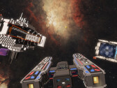 Cubic Odyssey screenshot met ruimtekruiser tegen een gaswolk
