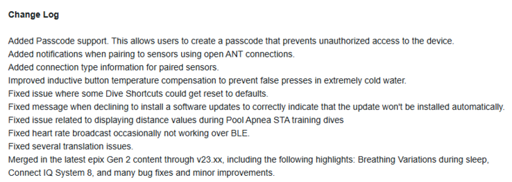 De release notes voor softwareversie 23.09 voor de Garmin Descent G2. (Afbeelding bron: Garmin)