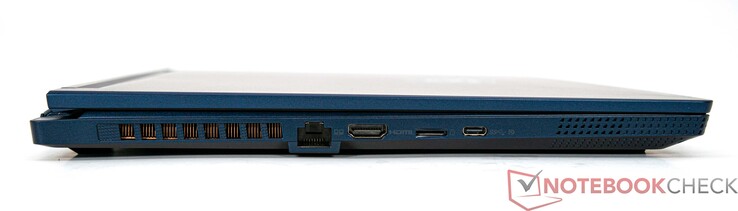 Linkerkant: LAN (RJ45), HDMI 2.1 (4K/120 Hz, 8K/60 Hz), microSD-kaartlezer, USB 3.2 Gen 2 Typ-C