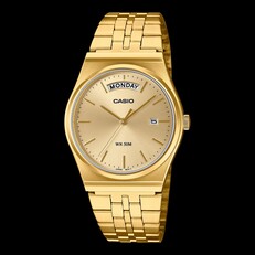 Casio MTP-B146G-3AV-horloge met een roestvrijstalen kast en armband met goudkleurige ionenlaag, een goudkleurige wijzerplaat, een dagindicatie op 12 uur en een datumvenster op 3 uur.