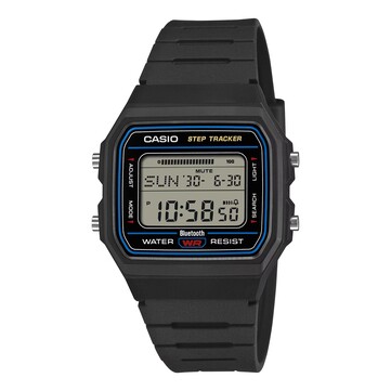 Casio F-B100W-1A met een zwarte kast en een band van kunsthars, en een blauwe accentring rond de wijzerplaat.