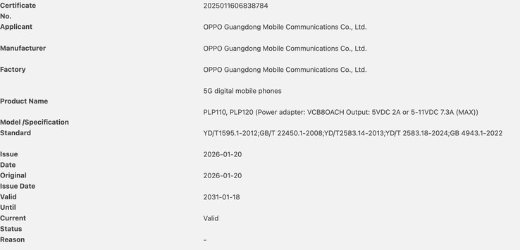 De Oppo Find N6 ontvangt 3C-certificering. (Afbeeldingsbron: 3C certificering)