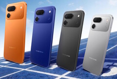 De Tecno Spark 50 Pro is verkrijgbaar in Dynamic Orange, Midnight Blue, Ink Black, Titanium Grey (van links naar rechts) en Cloud White (niet afgebeeld).