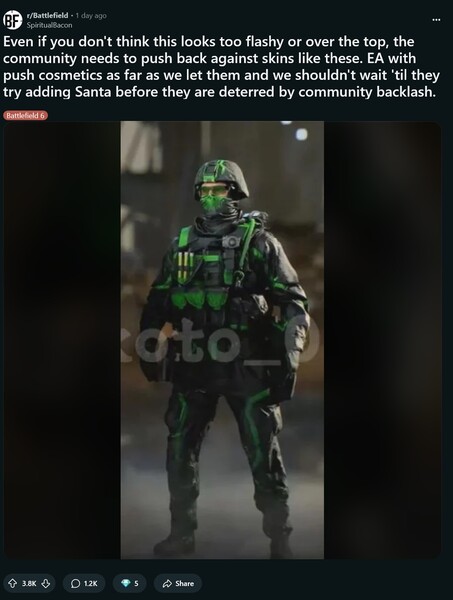 Neongroene gelekte Battlefield 6 skin wordt getoond (Afbeelding bron: SpiritualBacon@Battlefield subreddit)