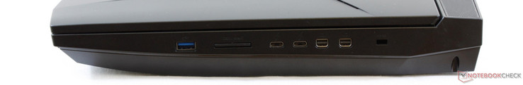 Rechts: USB 3.0, kaartlezer, 2x USB 3.1 Type-C met Thunderbolt 3, 2x Mini-DisplayPort 1.3, Kensington-Lock