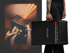 Twee afbeeldingen van de Marshall Bromley 450 - één gestileerd en één in een hand.