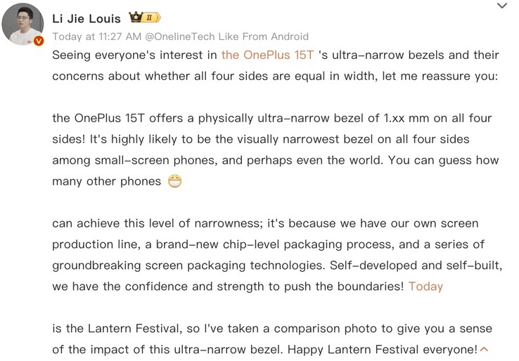 De voorzitter van OnePlus China deelt details over de schermranden van de 15T.