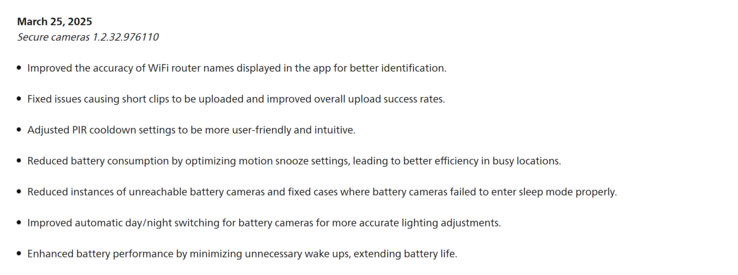 Het wijzigingslogboek voor de Philips Hue Secure-camera's 1.2.32.976110 update. (Afbeeldingsbron: Philips Hue)