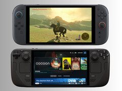 Nintendo Switch 2 zittend boven Steam Deck (Afbeelding bron: Nintendo of America, Valve met bewerking)