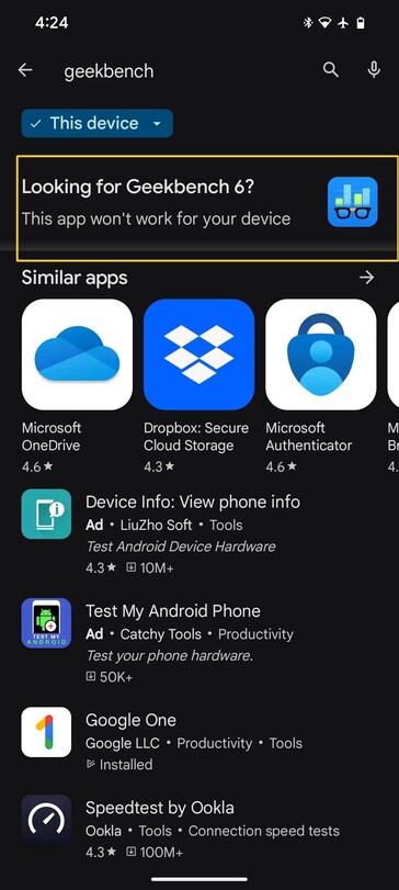 Google had het downloaden van Geekbench geblokkeerd. (Bron: Notebookcheck)