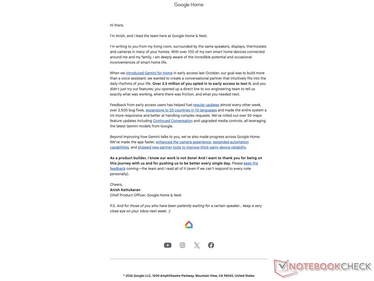 E-mail van de Chief Product Officer van Google Home.