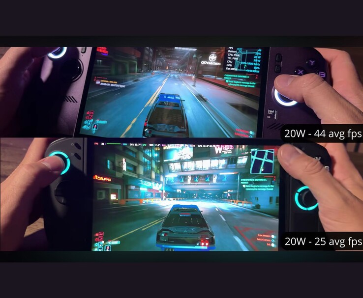 De MSI Claw 8 AI+ en de Lenovo Legion Go 2 draaien Cyberpunk 2077 bij een vermogen van 20 W, waarbij ze respectievelijk 44 FPS en 25 FPS halen.