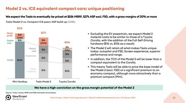 Verwachte Tesla Model 2 prijs en kostenverdeling (afbeelding: New Street Research)