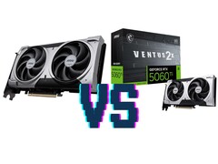 MSI GeForce RTX 5060 Ti Ventus 2x OC Plus 16 GB (links) en 8 GB (rechts) varianten. (Afbeeldingsbron: Mindfactory, bewerkt)