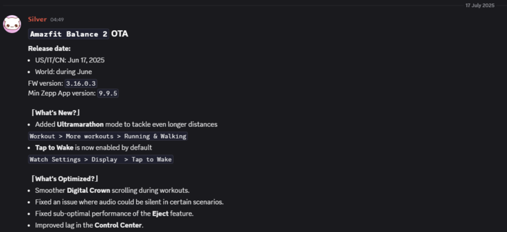 De release notes voor de Amazfit Balance 2 versie 3.16.0.3 update. (Afbeeldingsbron: Amazfit via Weibo)