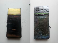 Foto&#039;s van de voor- en achterkant van de ontplofte Redmi Note 13 Pro (afbeeldingsbron: Sri Varshan; bewerkt)