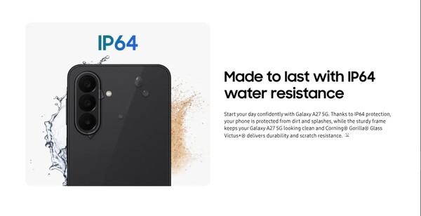 De IP-classificatie van de Galaxy A27 5G is verlaagd naar IP64.