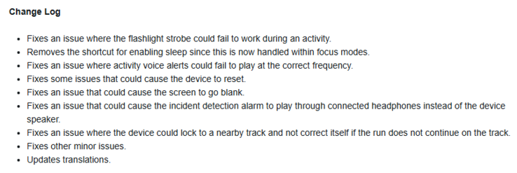 De release notes voor bètaversie 15.12 voor de Forerunner 570 en Forerunner 970 smartwatches. (Afbeelding bron: Garmin)
