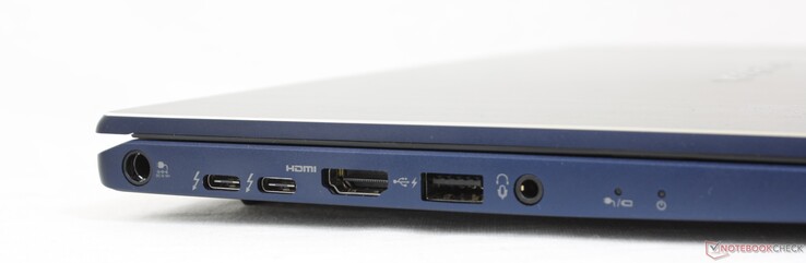 Links: AC-adapterpoort, 2x USB-C met Thunderbolt 4 + DisplayPort + Power Delivery, HDMI 2.0, USB-A 3.2, 3,5 mm headset
