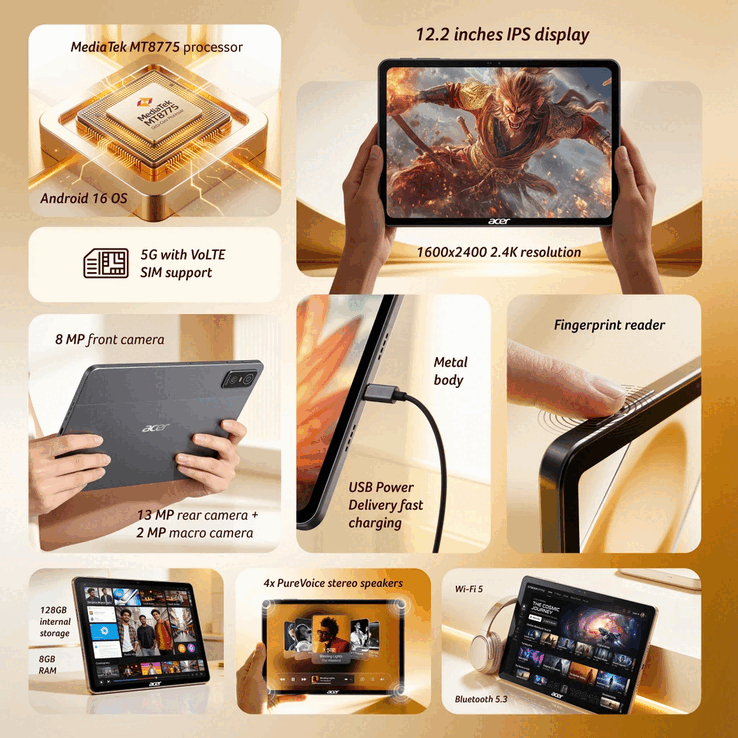 Acer Iconia Tab 12 5G belangrijkste specificaties, scherm, camera's, connectiviteit en hardwarefuncties