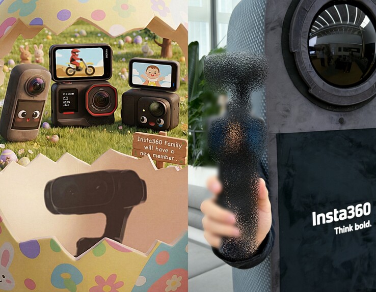 Insta360 met dubbele camera's (links), Insta360 teaserafbeelding op ware grootte (rechts).