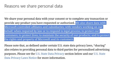 De privacyverklaring van Microsoft is nogal vaag over wat het bedrijf met wie deelt en waarom. (Beeldbron: Microsoft)