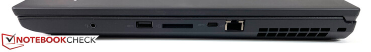 Rechterkant: Stereo-aansluiting, USB-A 3.2 Gen1, SD-reader, USB-C 3.2 Gen2, RJ45, slot voor een Kensington-slot