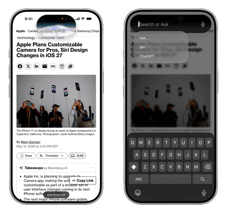 De nieuwe Siri zal volgens de planning een opnieuw ontworpen animatie hebben die uit het Dynamische eiland springt (links) en een Zoek- of Vraag-interface.