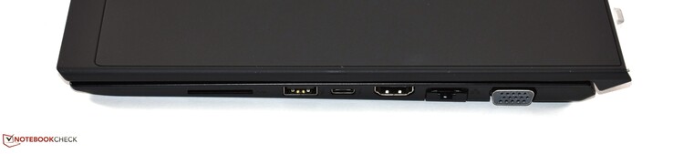 Rechterkant: SD kaartlezer, USB 3.1 Gen 2 type A, USB 3.1 Gen 2 type C, HDMI, RJ45, VGA