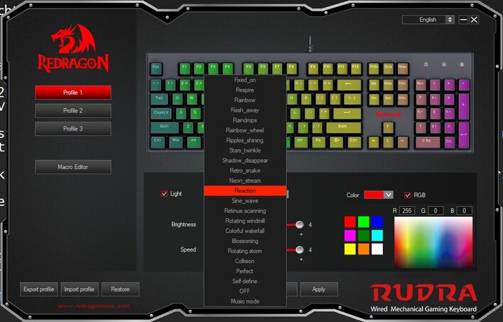 18 vooraf ingestelde RGB-modi van het Rudra-toetsenbord