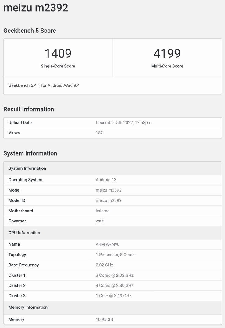 Een nieuwe Meizu-smartphone duikt naar verluidt op in Geekbench. (Bron: Geekbench)