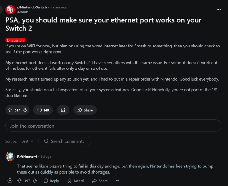 Problemen met de Ethernet-poort van Nintendo Switch 2 (Afbeelding bron: screenshot, Nintendo Switch subreddit)