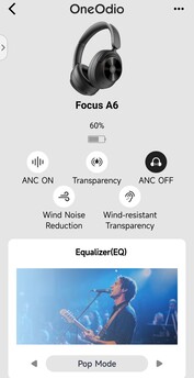 De Focus A6 app biedt directe controle over de instellingen van de hoofdtelefoon. (Afbeeldingsbron: Notebookcheck)