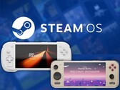 De Konkr Pocket Fit G3 en Ayaneo Pocket S2 Pro afgebeeld met het Steam OS-logo op de achtergrond