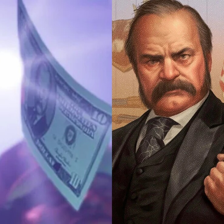 Afbeelding van het geld in GTA 6 uit Trailer 2 naast president Thaddeus Waxman. (Afbeelding bron: Synth Potato op X)