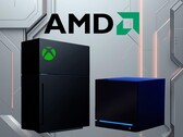 AMD-logo boven nieuwe Xbox console mockup en Steam Machine