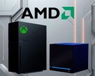 AMD-logo boven nieuwe Xbox console mockup en Steam Machine