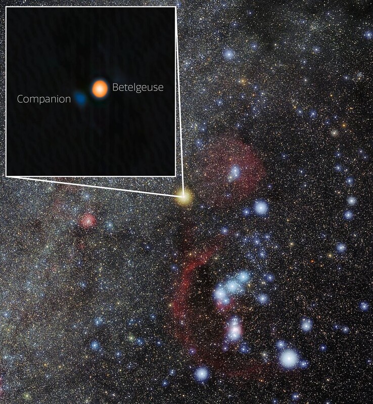 De locatie van Betelgeuse en zijn begeleidende ster. (Beeldbron: International Gemini Observatory/NOIRLab/NSF/AURABewerking van foto's: M. Zamani (NSF NOIRLab))