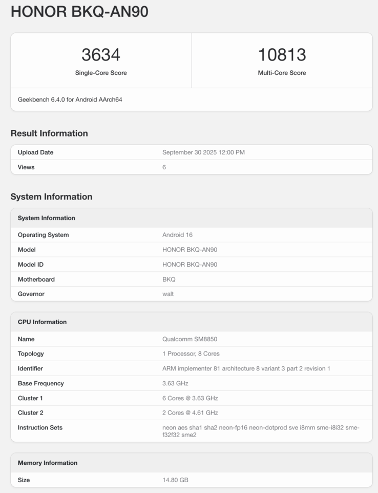 Geekbench-notering van de Honor Magic 8 Pro. (Afbeeldingsbron: Geekbench)