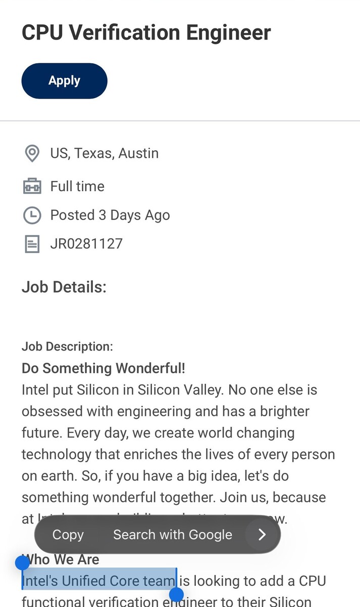 Intel zoekt een ingenieur om aan Unified Cores te werken