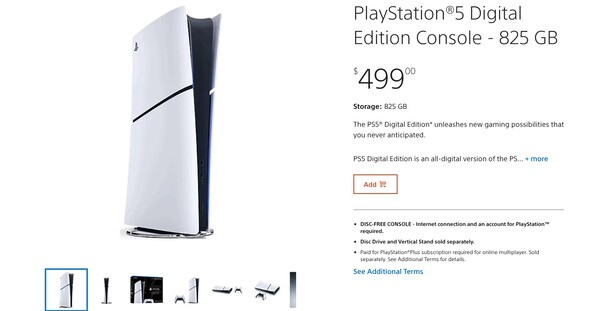 Sony verkoopt de PS5 Digital Edition met 1TB opslagruimte niet langer op de PlayStation Direct-website. (Afbeeldingsbron: PlayStation)