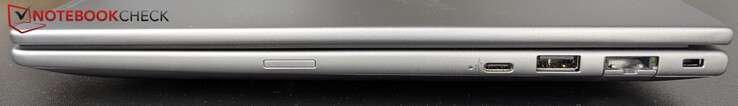 Rechts: Optionele SIM-sleuf, USB-C (20 Gb/s), USB-A (5 Gb/s), LAN (1 Gb/s), Kensington