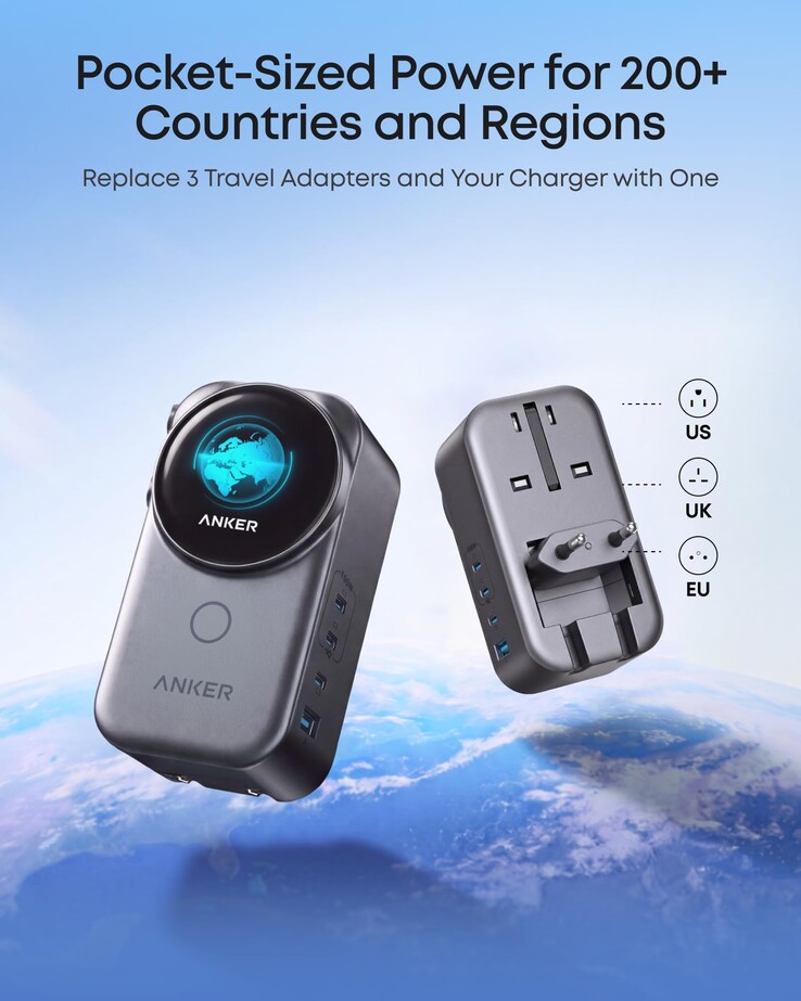 Een uitgelekte marketingafbeelding van de Anker Nano Travel Adapter (4-in-1, 100 W, Smart Display)
