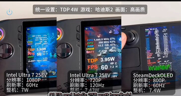 MSI Claw Intel Core Ultra 7 258V stroomverbruik vergeleken met Steam Deck (Afbeelding bron: Bilibili via VideoCardz)