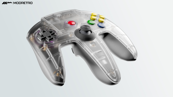 Een foto van de witte M64-controller van ModRetro