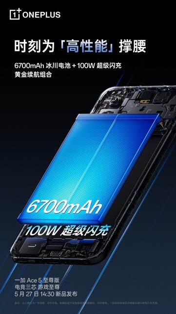 De OnePlus Ace 5 Ultra heeft een kleinere 6700mAh batterij en ondersteuning voor 100W snelladen. (Afbeeldingsbron: OnePlus)