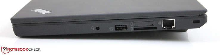 rechts: 3.5-mm audio-combo, USB 3.0, SD-kaartlezer, SIM-sleuf, Ethernet, Kensington-lock